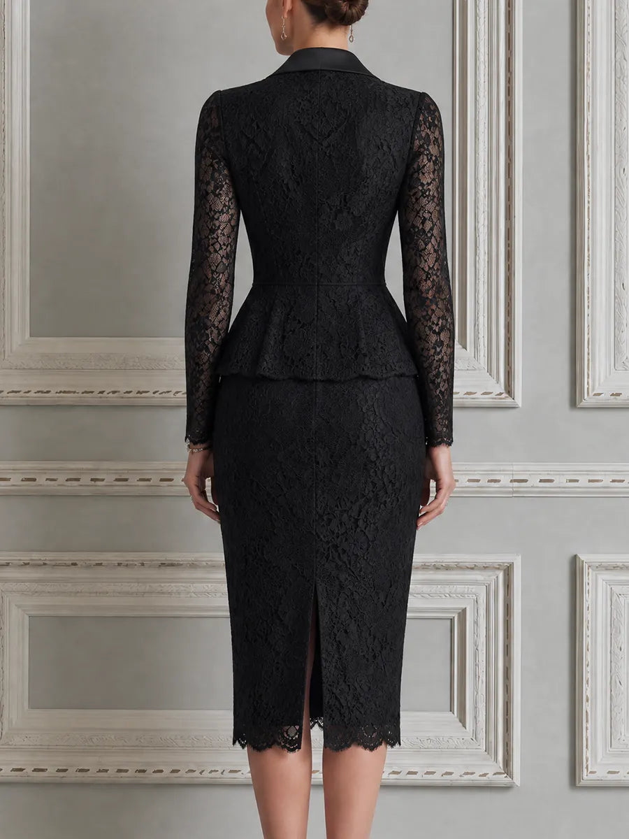 Black Lace Satin Lapel Peplum Jacket & Pencil Skirt Set