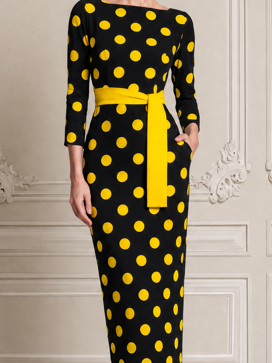 Black Polka Dot Dress Stockholm Style Belted Pencil Midi Dress