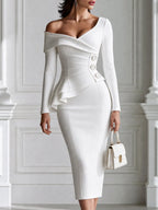 Elegant Off-the-Shoulder Ruffle Peplum Bodycon Midi Dress