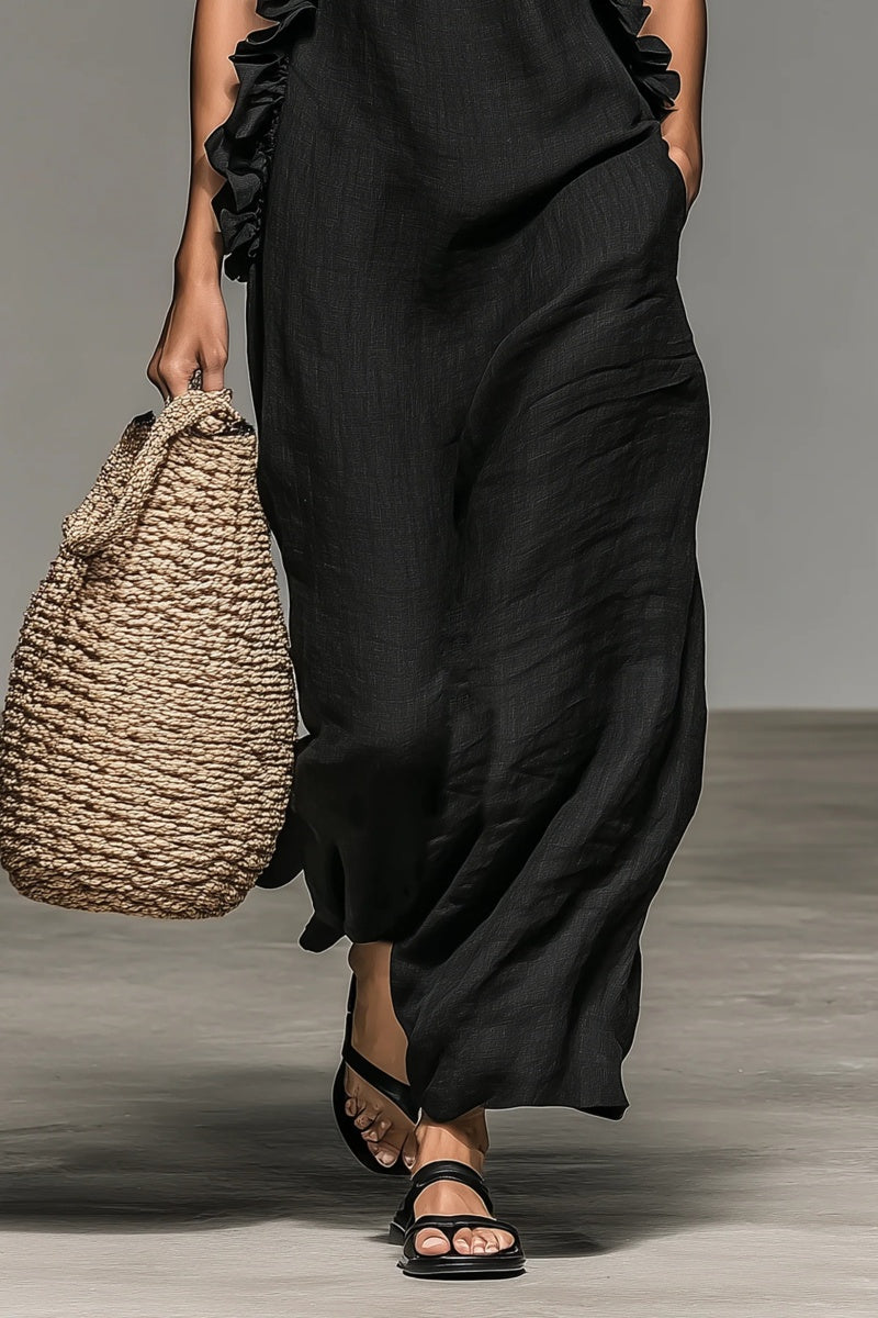 Women's Minimalist Linen-blend Sleeveless Maxi Dress With Ruffle Details