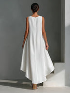 White Round Neck Sleeveless Midi Dress With Asymmetrical Hem