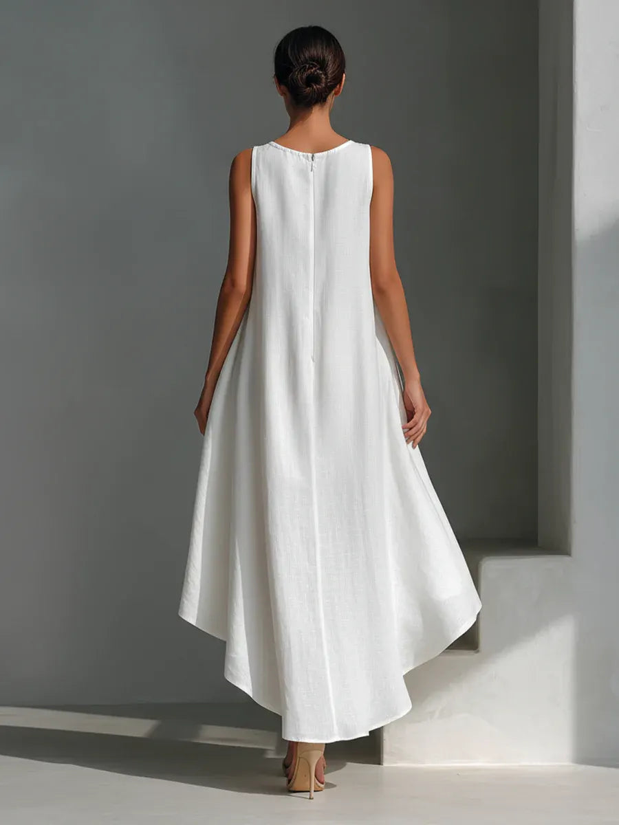 White Round Neck Sleeveless Midi Dress With Asymmetrical Hem