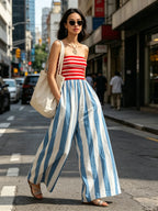 Red & White Striped Strapless Top With Blue & White Striped Wide-Leg Jumpsuit