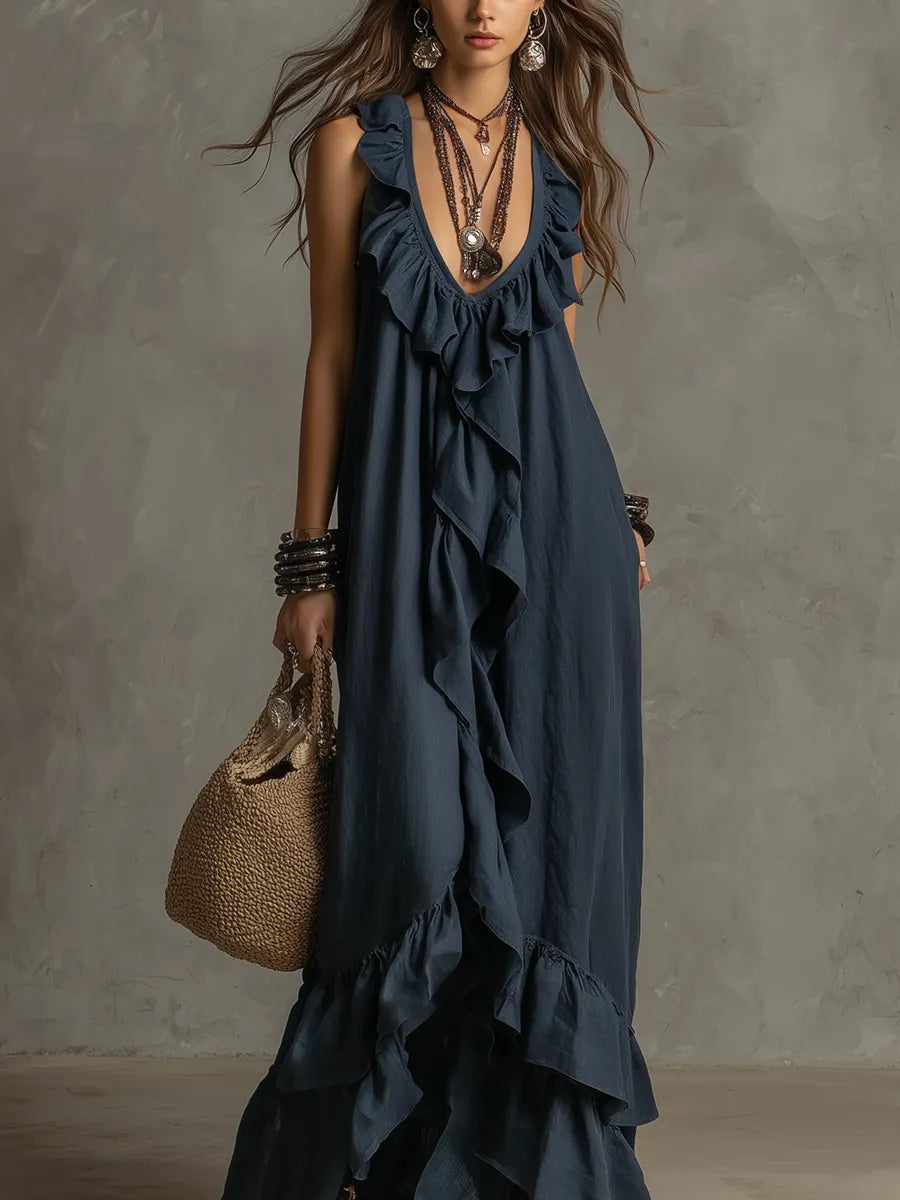 Elegant Bohemian V Neck Ruffle Maxi Dress In Deep Navy