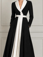 Black White Contrast Lapel Belted Pleated A-Line Blazer Midi Dress