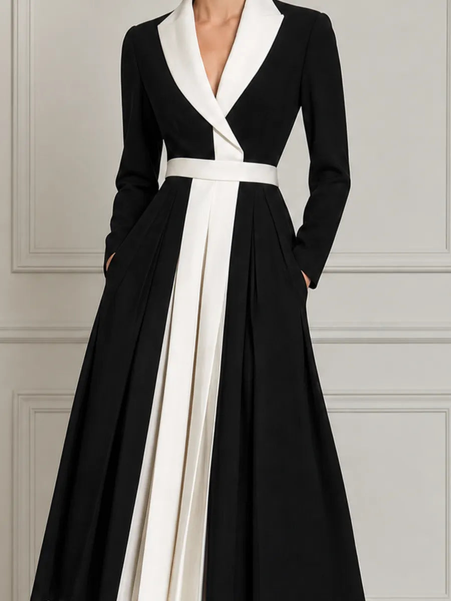 Black White Contrast Lapel Belted Pleated A-Line Blazer Midi Dress