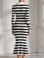 Striped Ribbed Knit Polo-Collar Mermaid Midi Dress