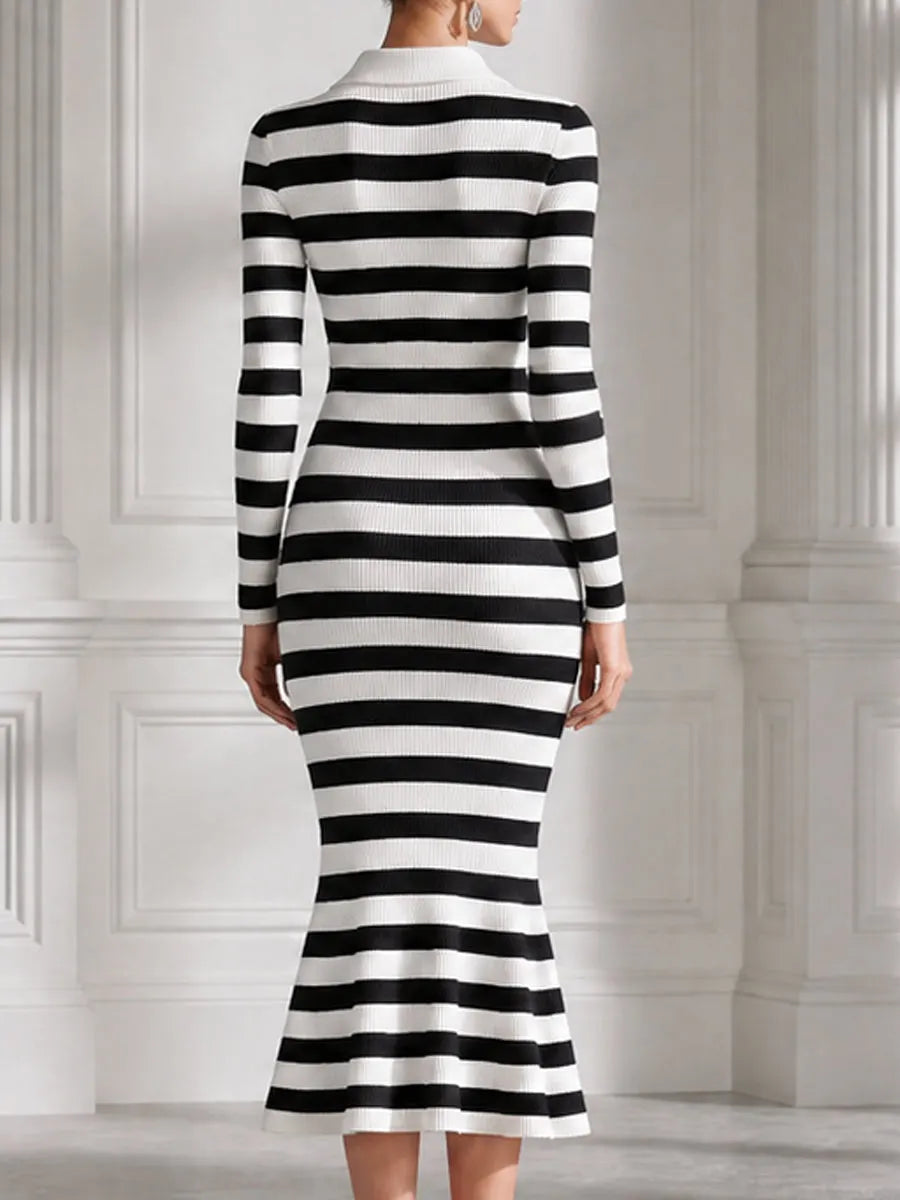 Striped Ribbed Knit Polo-Collar Mermaid Midi Dress