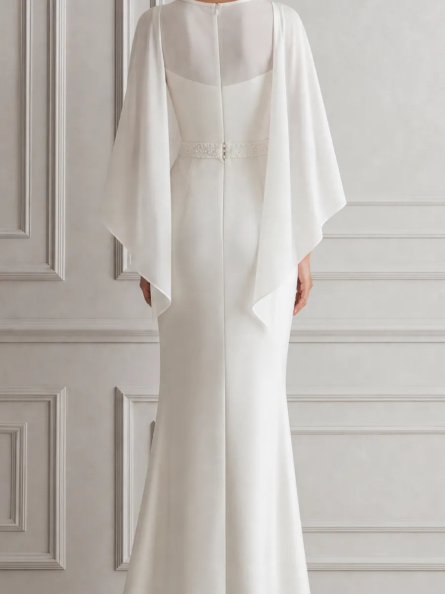 White Dress Sheer Cape Sleeve Column Maxi Dress