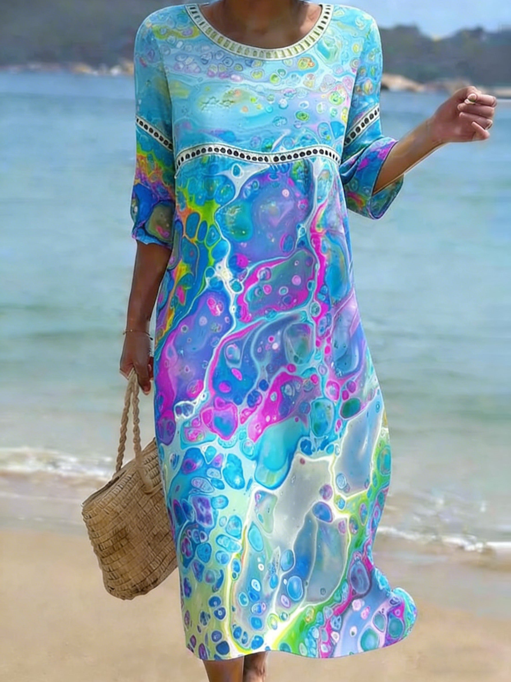 Women's Abstract Textured Print Crew Neck Cotton Pocket Dress