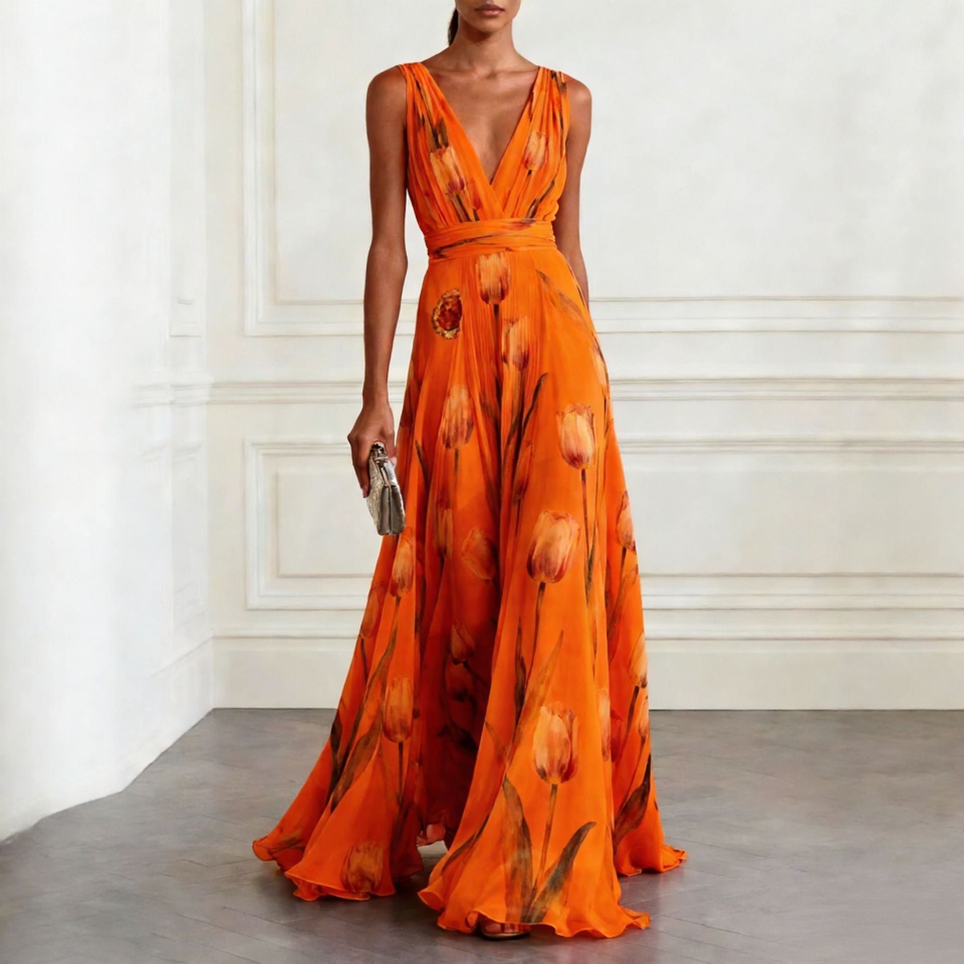 Elegant Tulip Print V-neck Maxi Dress