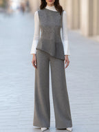 Grey Micro Check Vest Wide Leg Pants 3-Piece Business Suit Set
