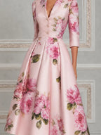 Pink Watercolor Peony Print Notched Lapel Pleated A-Line Midi Dress