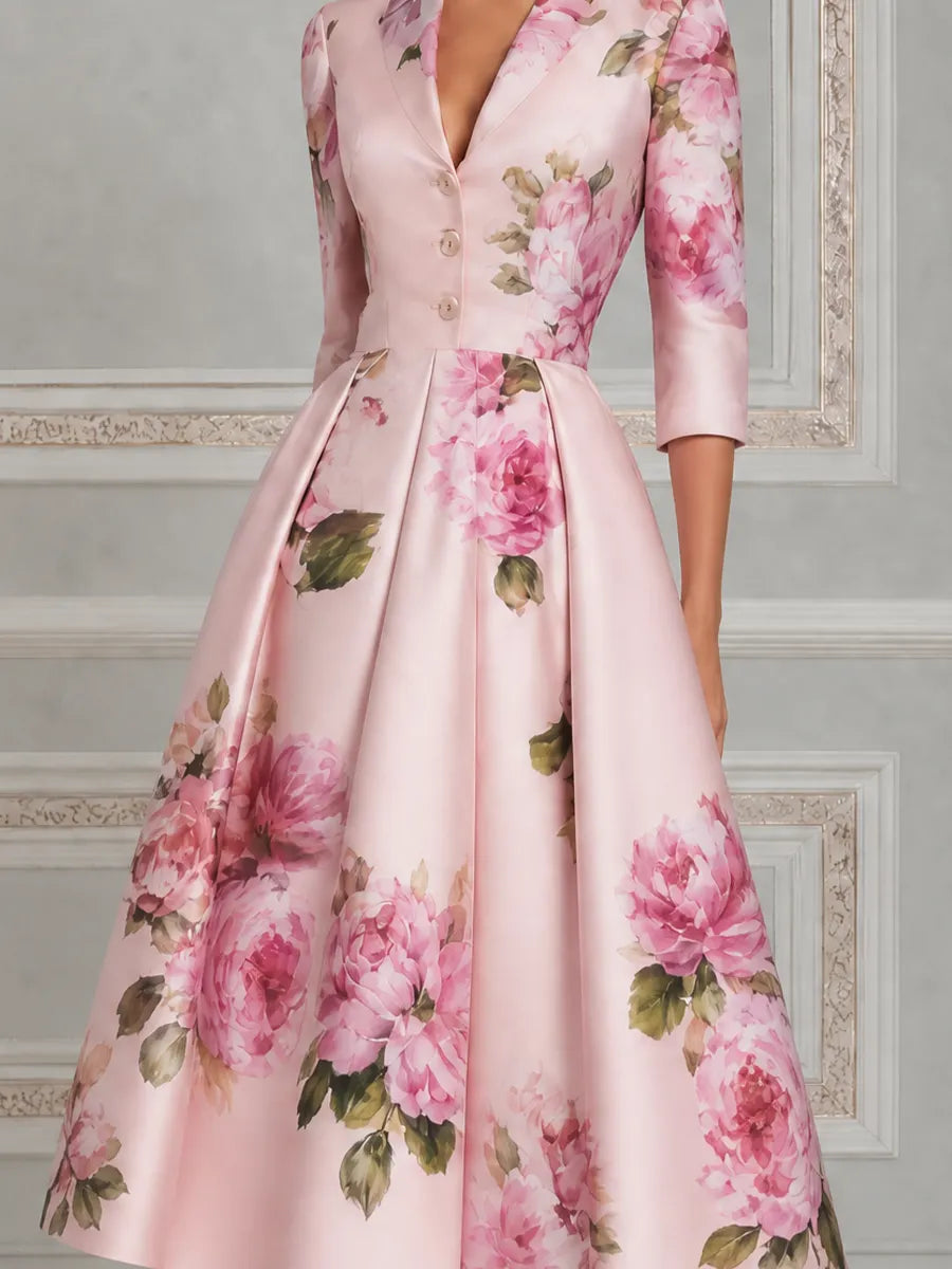 Pink Watercolor Peony Print Notched Lapel Pleated A-Line Midi Dress