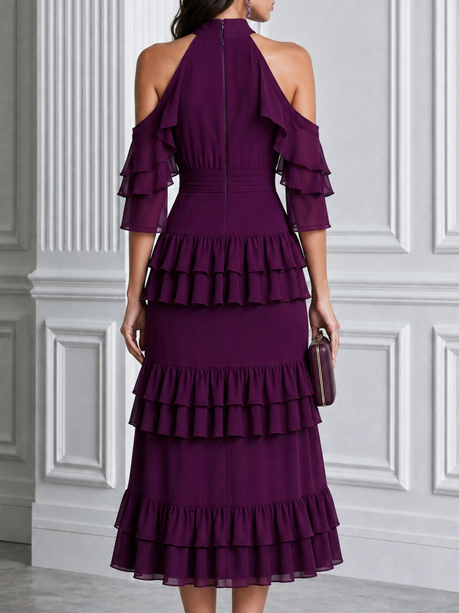 Elegant Cold Shoulder Ruffle Tiered Chiffon Midi Dress