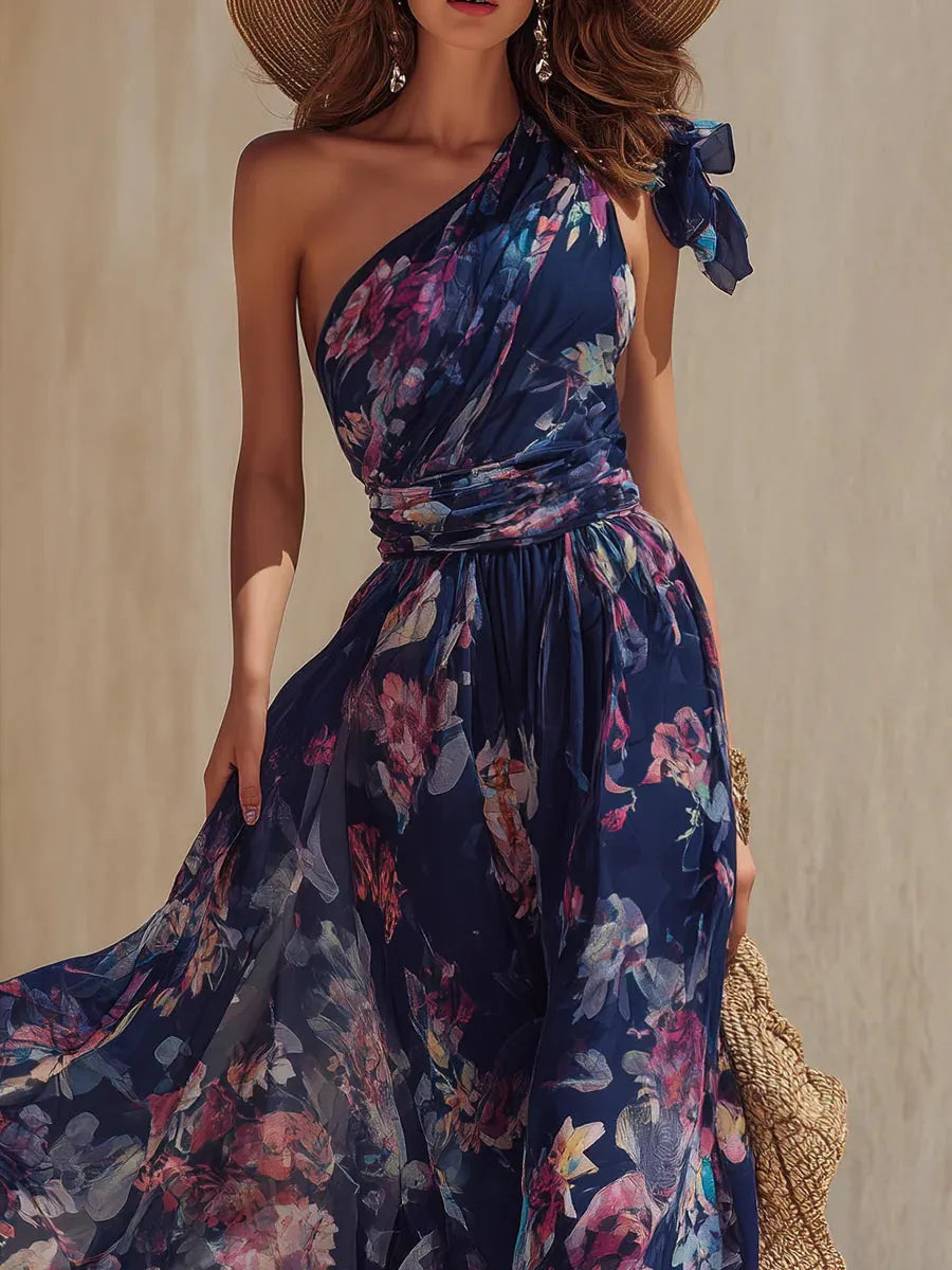 Vacation One-Shoulder Floral Chiffon Maxi Dress