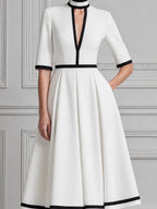 White Dress Contrast Trim Pleated A-Line Midi Dress