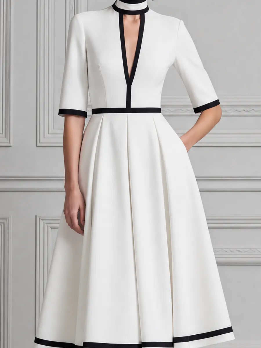 White Dress Contrast Trim Pleated A-Line Midi Dress