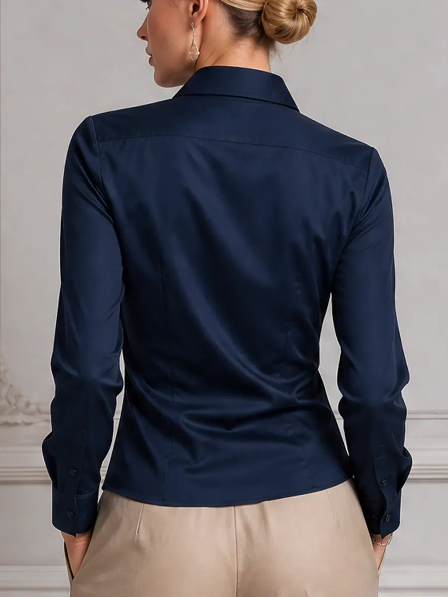 Navy Satin Point Collar Button Front Blouse