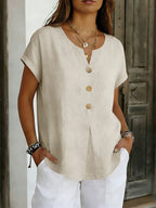Women's Solid Color Short Sleeve Button Design Linen Blend T-shirt