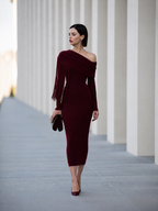 Fringe Cape Off-Shoulder Knit Midi Dress