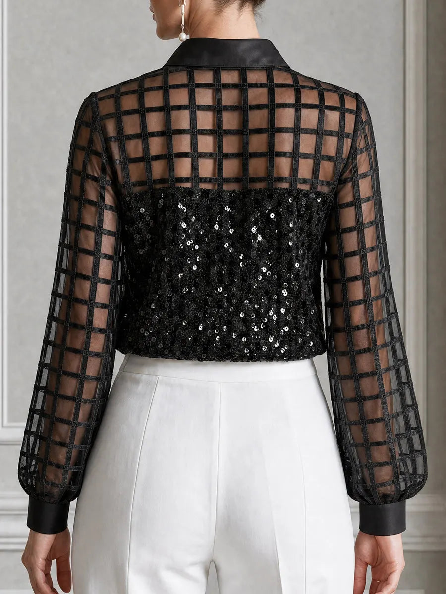 Grid Mesh Patchwork Sequin Long Sleeve Shirt
