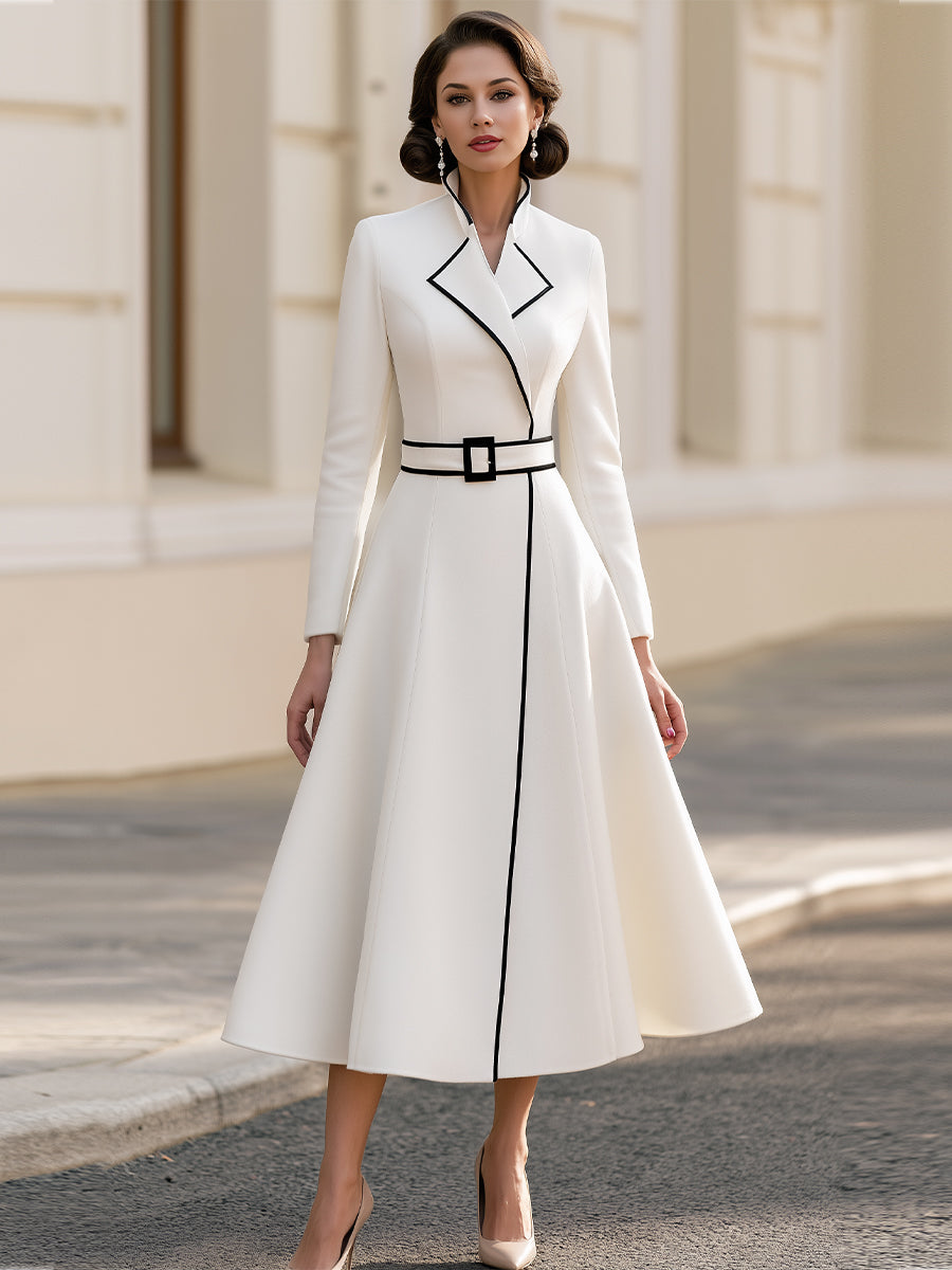 White Black Fit & Flare Midi Formal Coat Dress For Wedding Guest Occasions