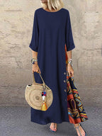 Women's Retro Floral Contrast Button Patchwork Cotton And Linen Casual Dress