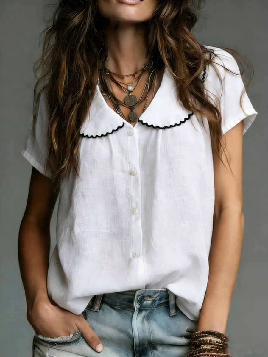 Women's Comfortable Color Blocking Simple Short-sleeve Cotton Shirt