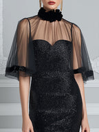 Floral High-Neck Sheer Cape Sequin Midi Dress