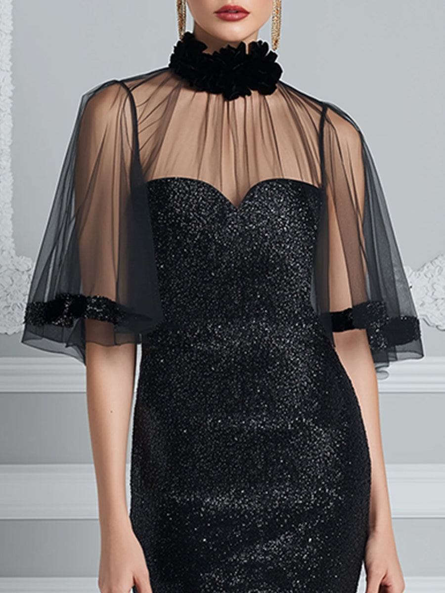 Floral High-Neck Sheer Cape Sequin Midi Dress