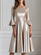 Champagne Velvet Bell-Sleeve A-Line Midi Dress