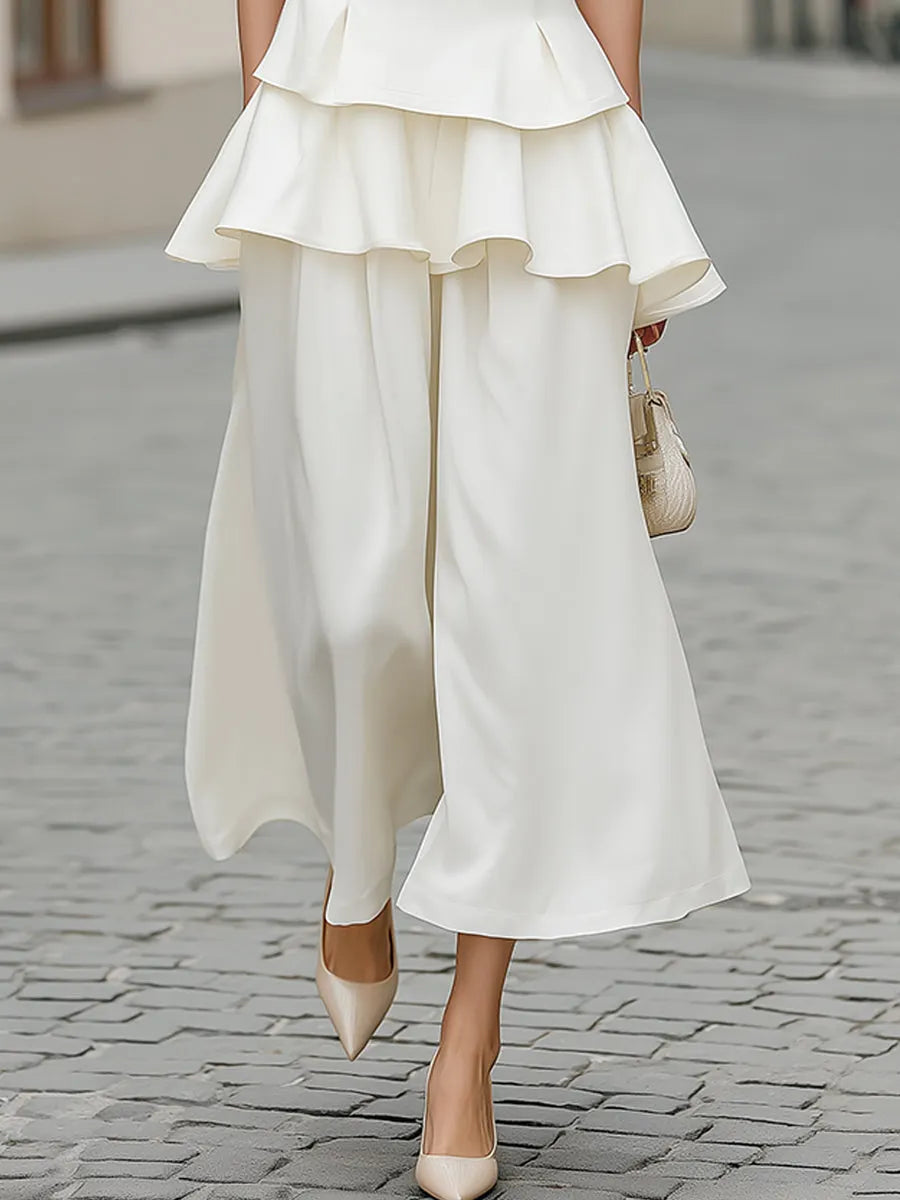 Layered Peplum V-Neck Top And Wide-Leg Pants Set