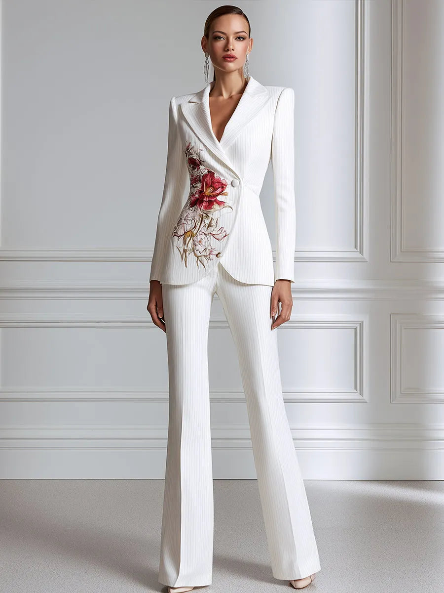 Floral Print Pinstripe Blazer And Flared Trouser Suit