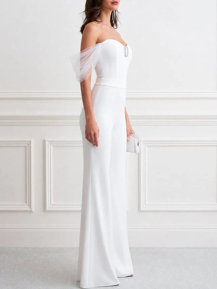 Off-Shoulder Mesh Sleeve Rhinestone Buckle Wide Leg Jumpsuit