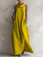 Lemon Yellow Cotton-Blend Cowl Neck Sleeveless Loose Maxi Dress