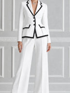 White Contrast Black Trim Peak Lapel Tailored Blazer & Wide Leg Trousers Two-Piece Suit Set