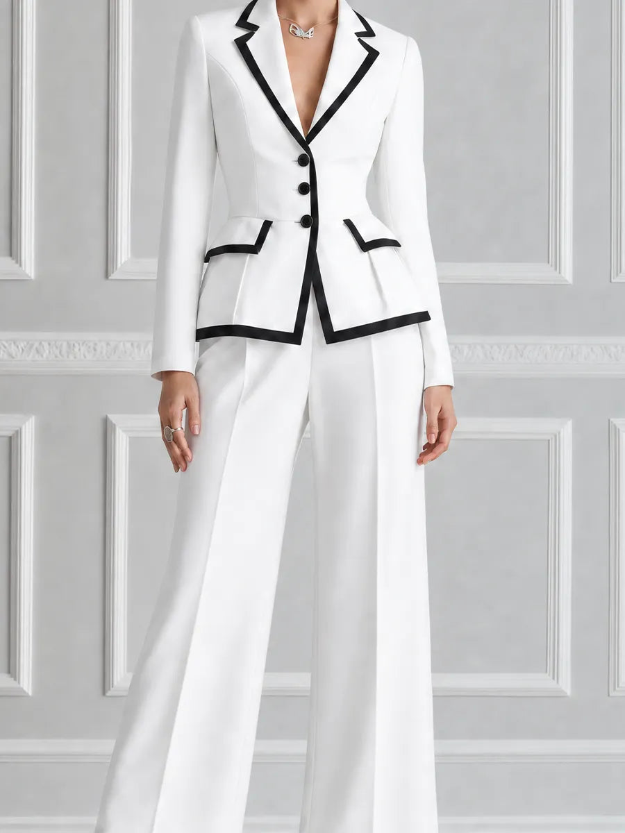 White Contrast Black Trim Peak Lapel Tailored Blazer & Wide Leg Trousers Two-Piece Suit Set