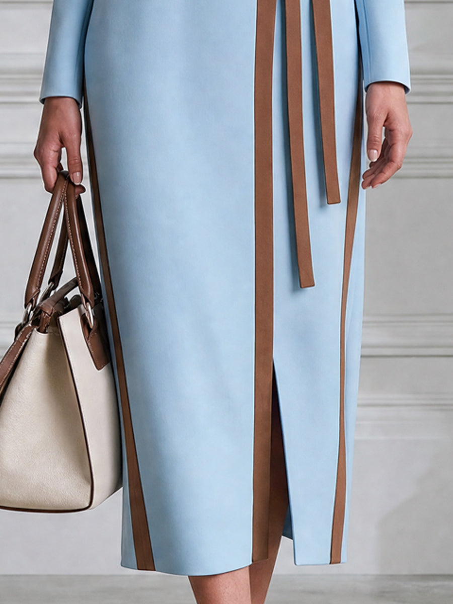Contrast Trim Wrap Long Sleeves And Belt Midi Dress