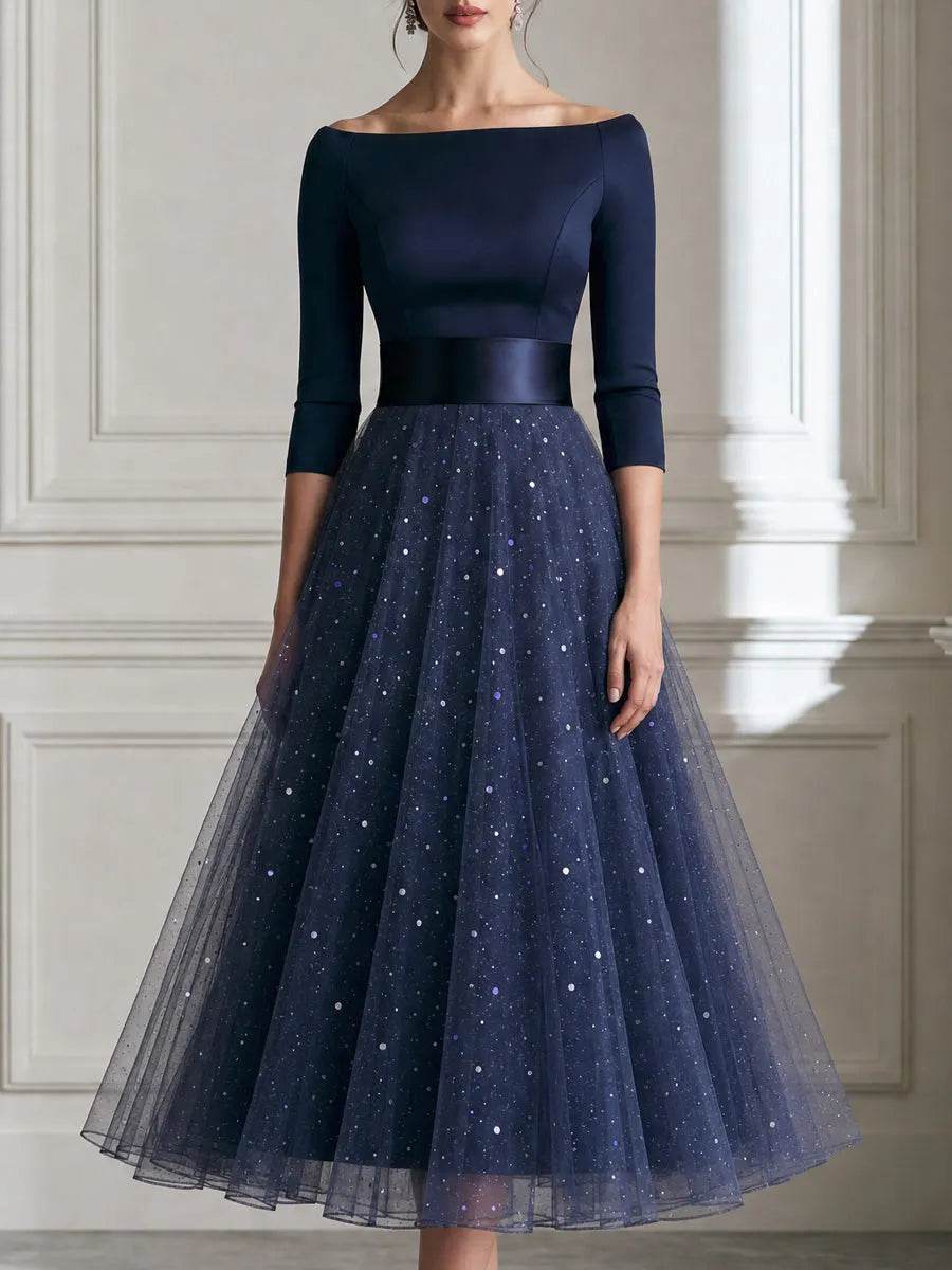 Off Shoulder Satin Sequin Tulle A Line Midi Dress