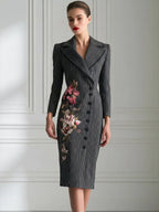 Floral Embroidered Pinstripe Tailored Blazer Dress