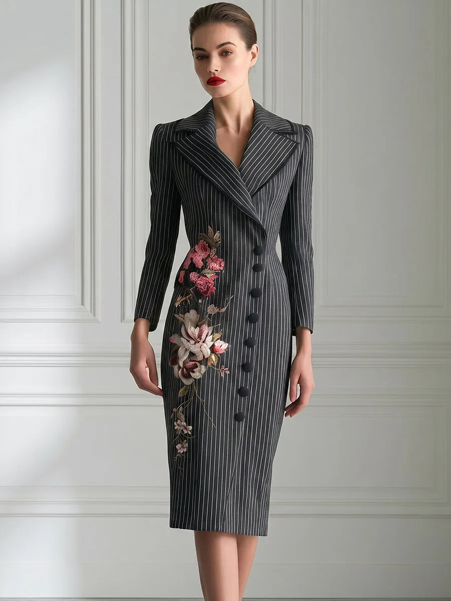 Floral Embroidered Pinstripe Tailored Blazer Dress