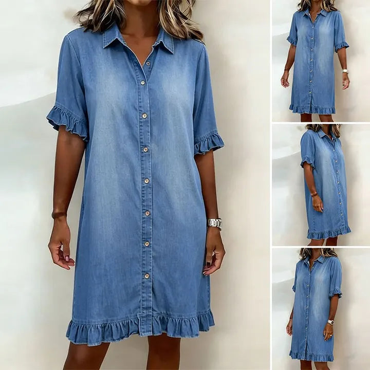 Women's Collared, Short-Sleeve, Fitted Denim Shirt Dress