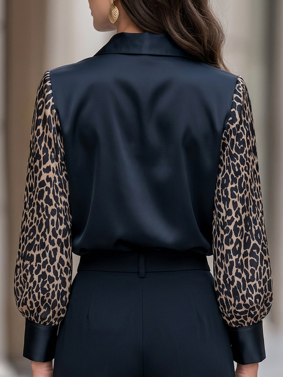 Classic Shirt Collar Leopard Print Sleeve Satin Blouse