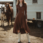 Women's Retro Western Style V-Neck Long Sleeve Dress