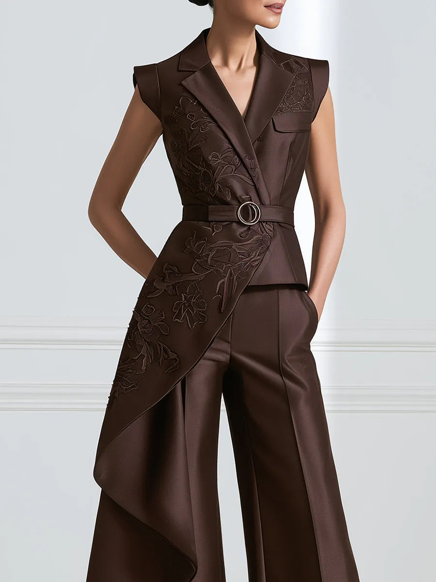 Embroidered Asymmetric Vest And Wide-Leg Pants Set