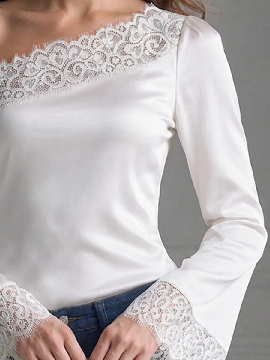 Elegant One-Shoulder Floral Lace Trim Satin Top