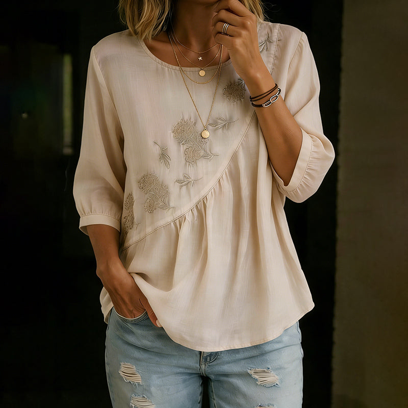 Women's Vintage Floral Embroidery Irregular Pleated Design Linen T-shirt