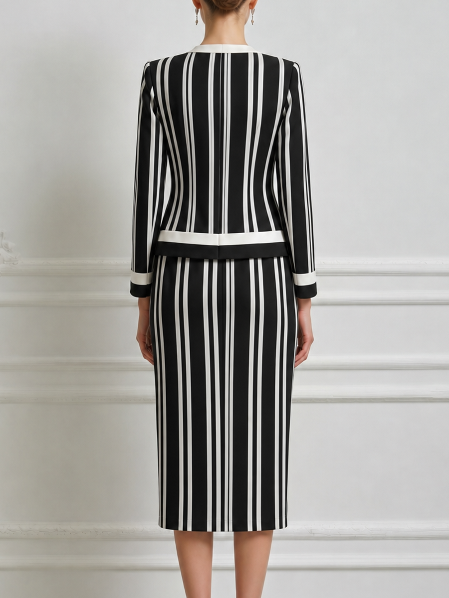 Black White Vertical Stripe Round Neck Gold Button Tailored Jacket & Pencil Skirt Two-Piece Suit Set