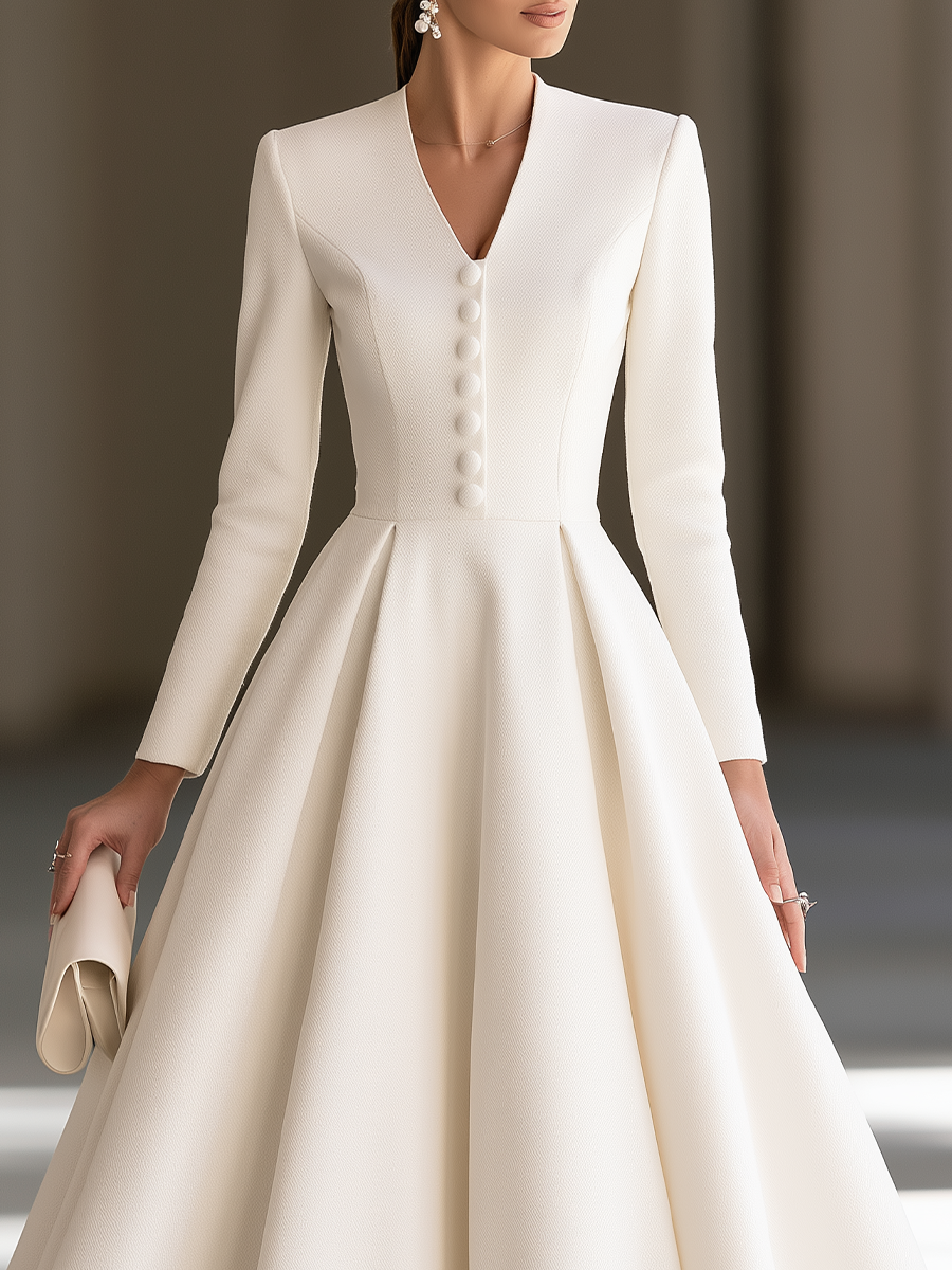 V-Neck Button-Front Maxi Dress With Full Skirt